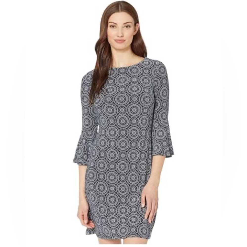 Tommy Hilfiger Women's Bell Sleeve Navy Blue & White Print Midi Dress   …